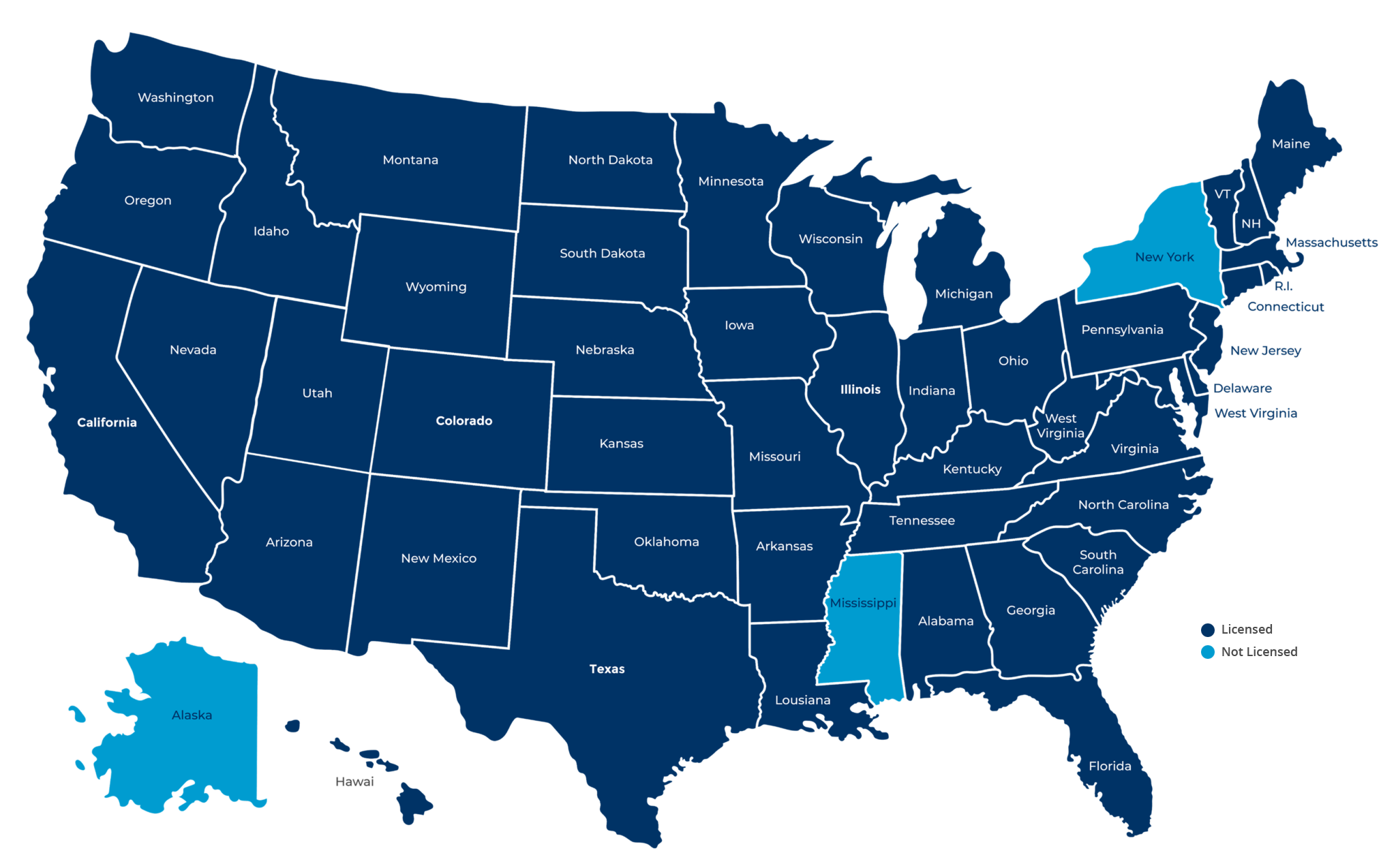 V.I.P. Mortgage licensed states map — home loans available across 47 states